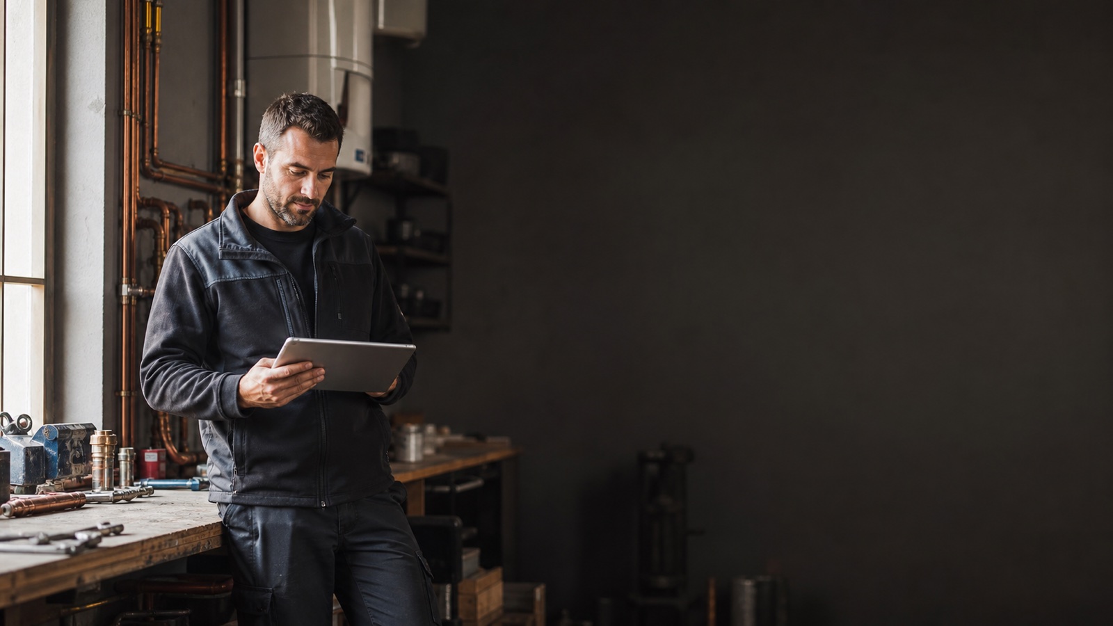 Handwerksmeister in seiner Werkstatt mit Werkstube auf dem Tablet