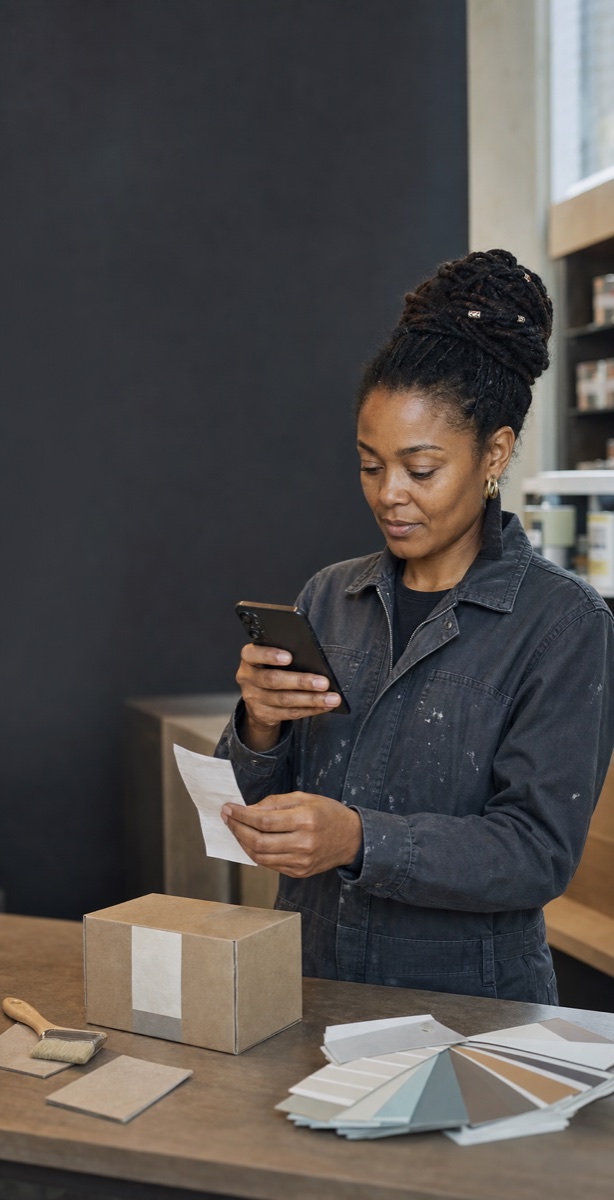 Malerin erfasst im Fachhandel einen Beleg mit ihrem Smartphone