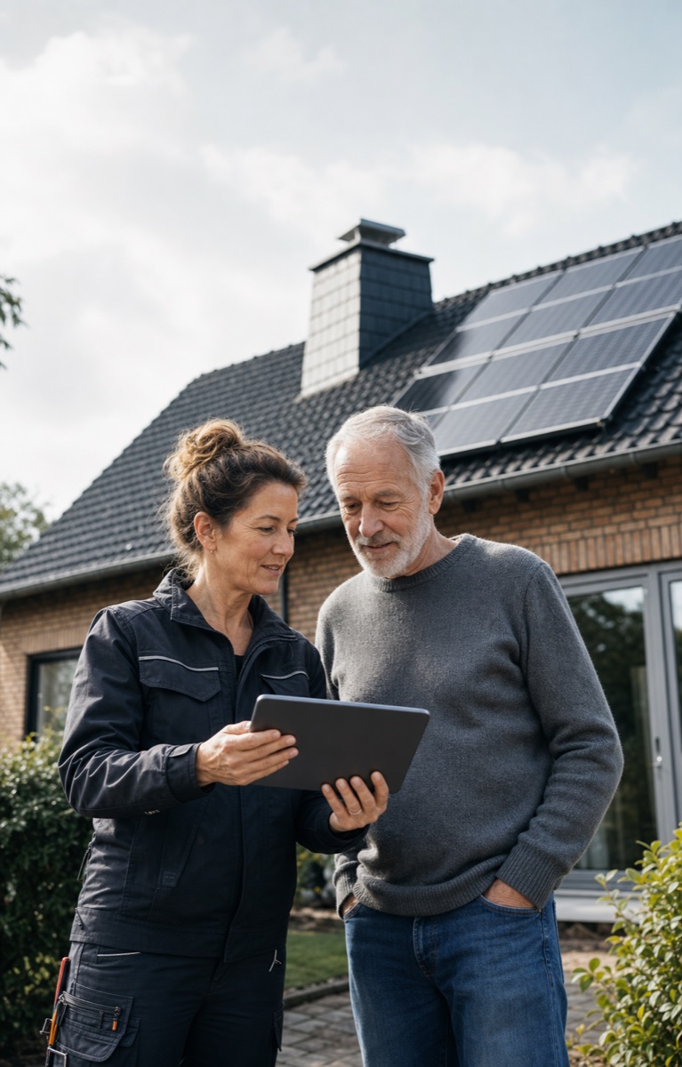 Solarinstallateurin zeigt einem Hausbesitzer seine digitale Kundenakte auf dem Tablet