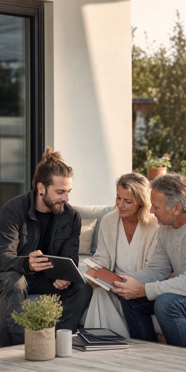 Sonnenschutz-Fachberater bespricht mit Kunden Muster und ein Angebot auf dem Tablet