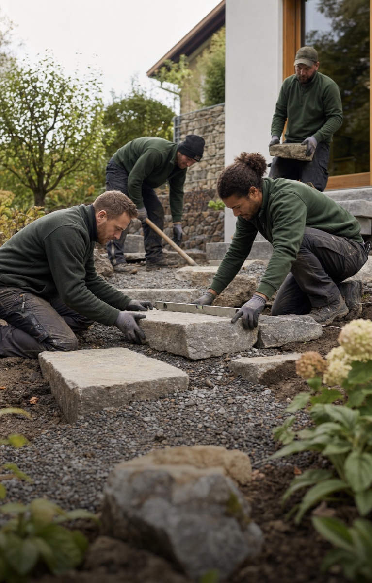Gartenbau-Team arbeitet gemeinsam an einem Natursteinweg